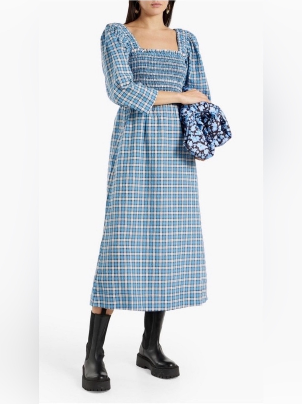 Ganni Blue and White Plaid Smocked Seersucker Dress